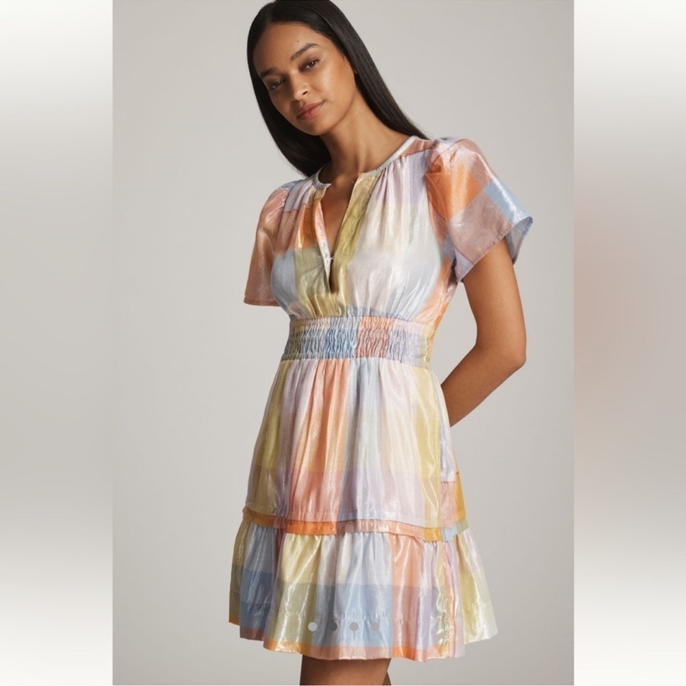 Anthropologie Somerset Mini Dress Metallic pastel Plaid M NWT